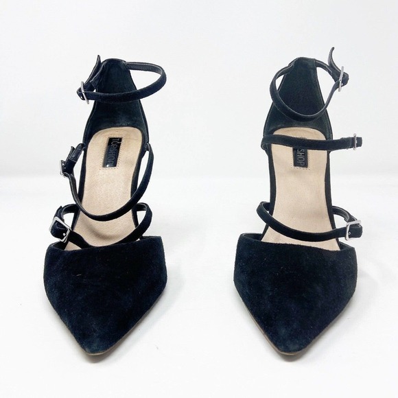 Topshop Triple Buckle Strap Pointed Toe Suede Black Heels 38 (7) - Picture 3 of 8